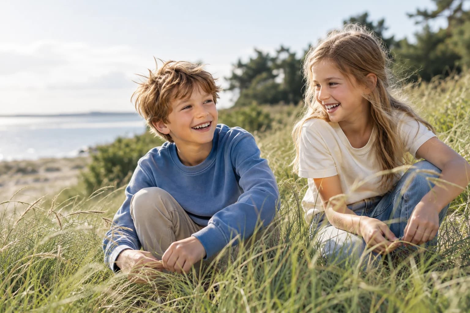 Zwei lachende Kinder im Gras an der Küste